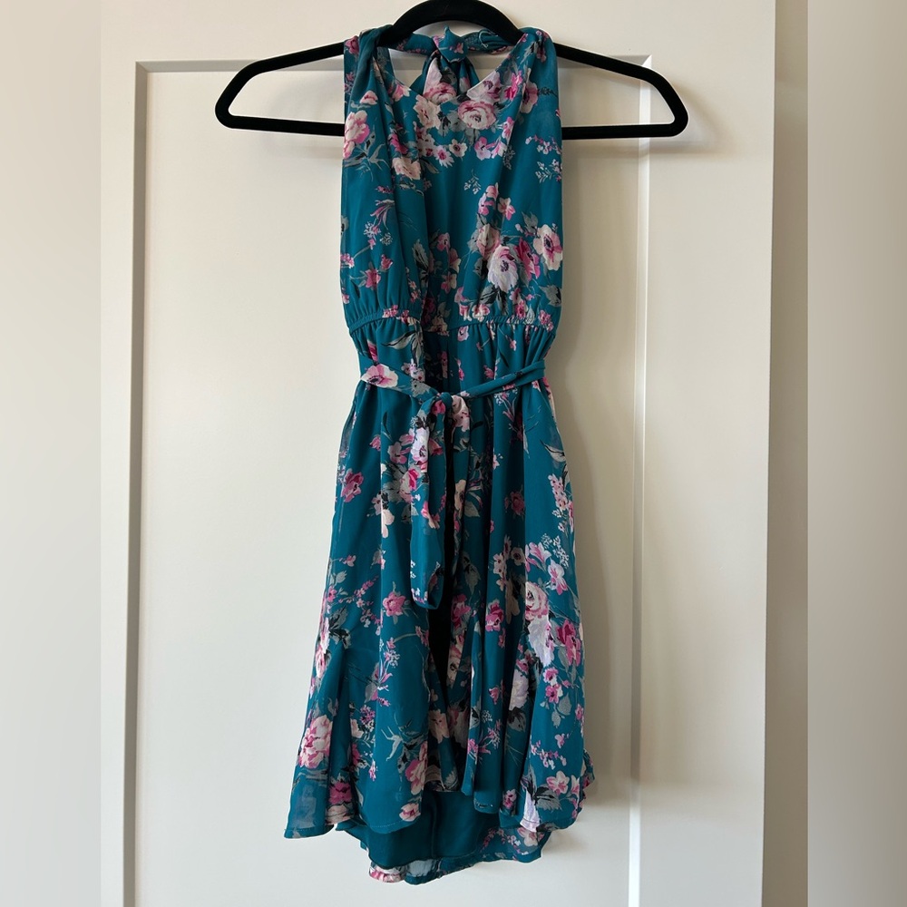 Teal Floral High-Neck Sleeveless Dress - Size XS